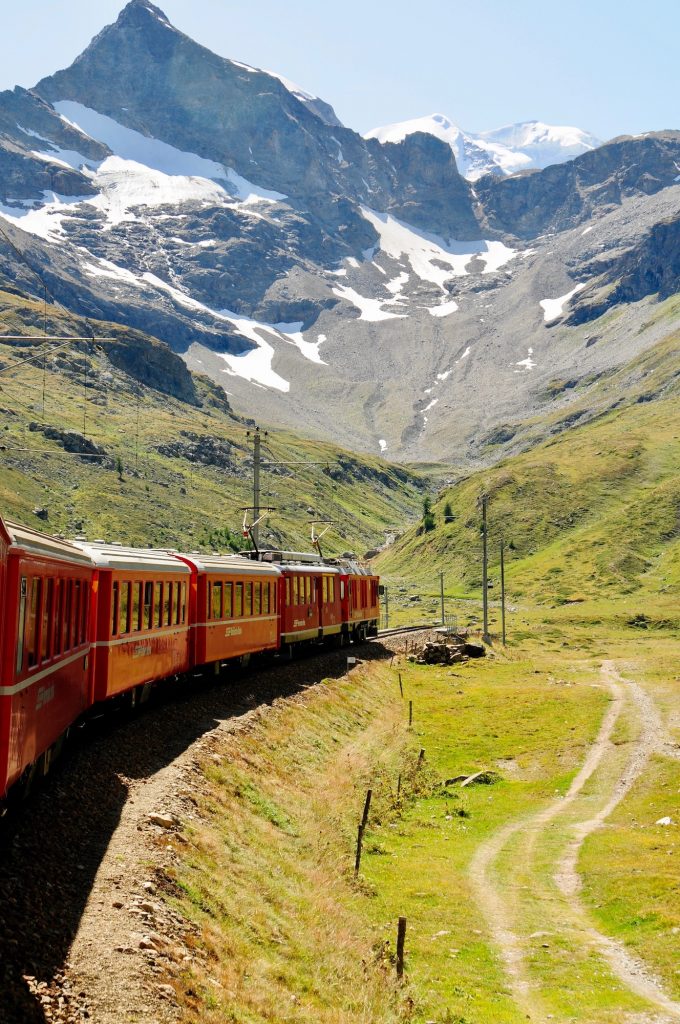 bernina train in a valley