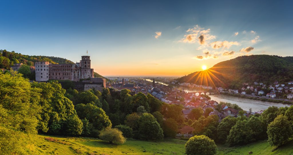 View on Heidelberg castle, the Alte Brücke and old town.